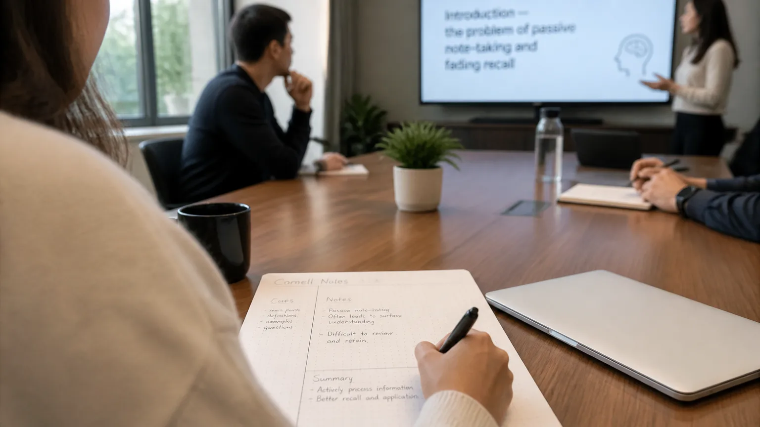 Manual note-taking during a business meeting presentation
