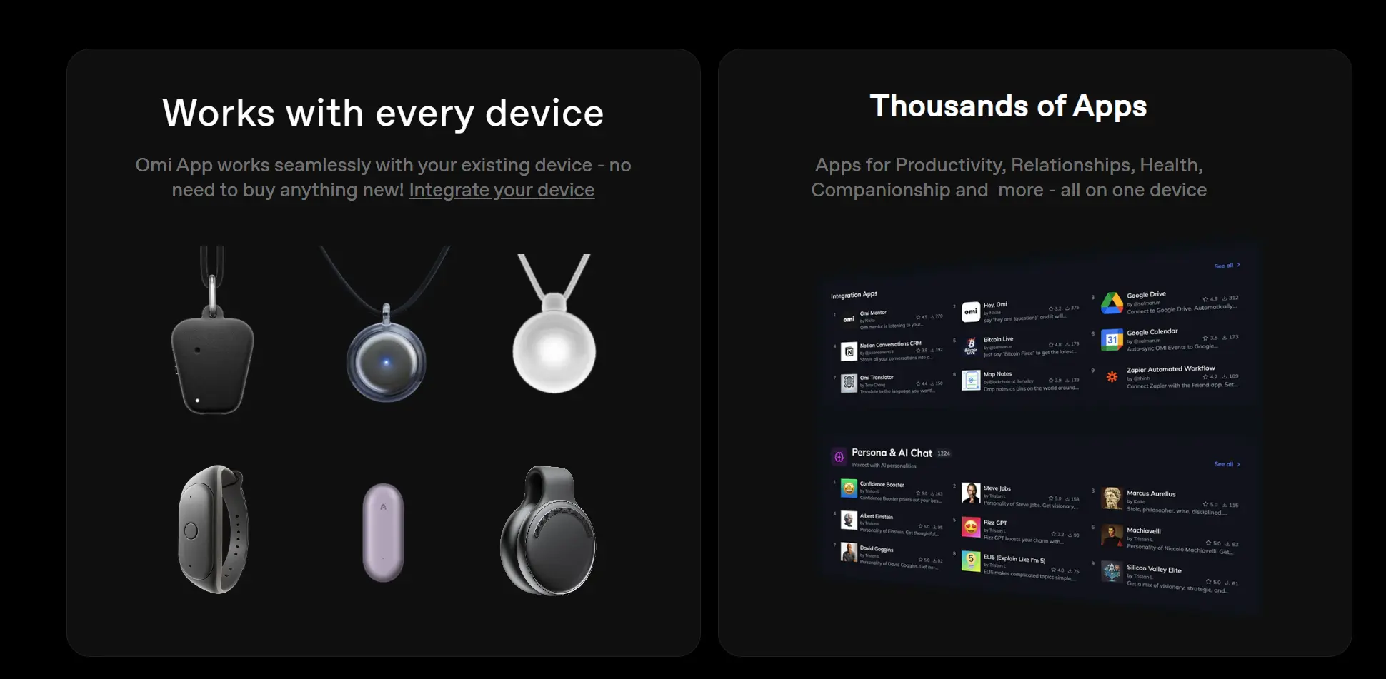 Omi AI wearable device lineup with pendant, necklace, and earbud styles, plus app integration screenshot