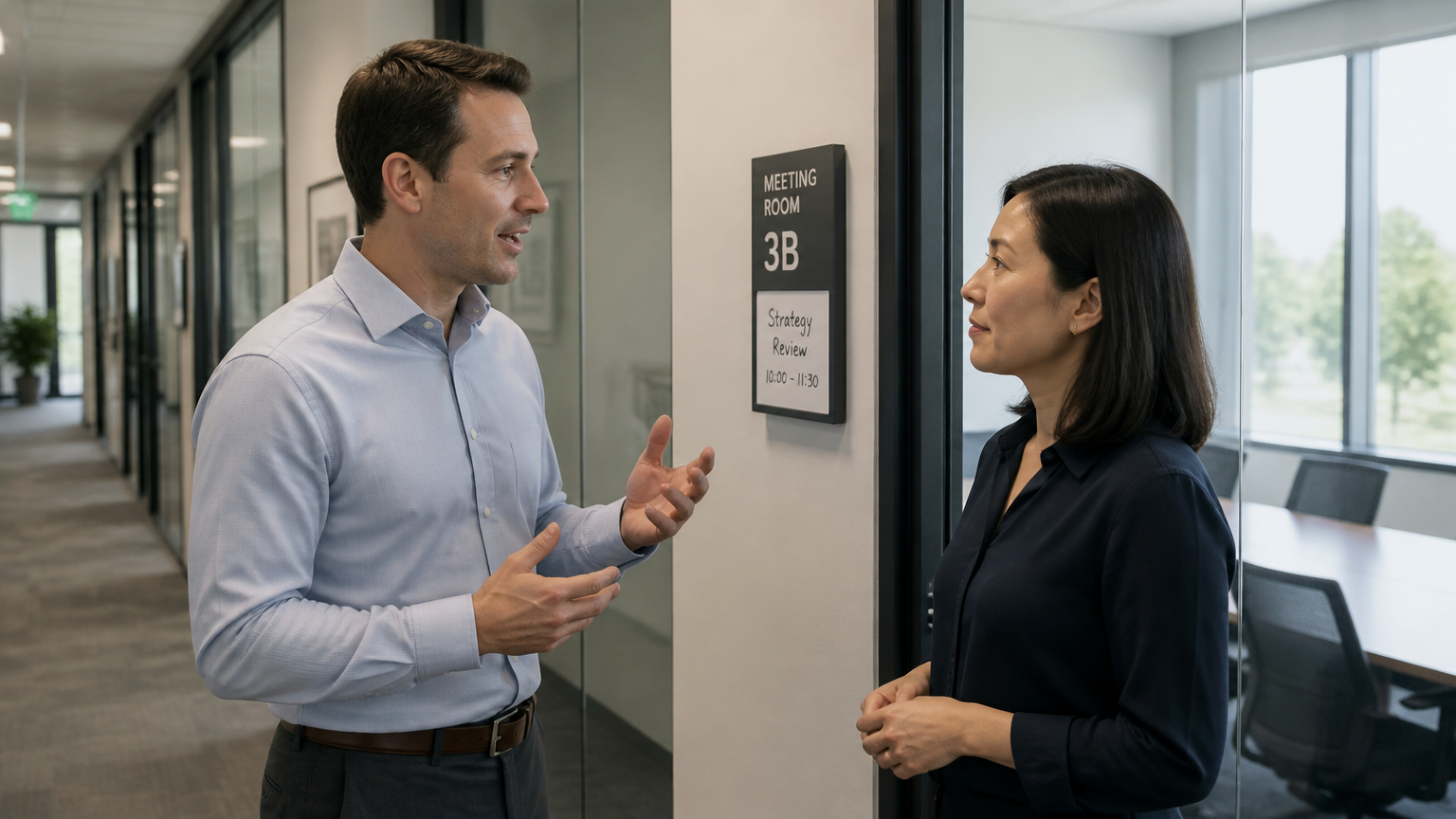 Two people in a hallway conversation outside a meeting room, one mid-sentence, the kind of unplanned exchange that press-to-record devices miss.