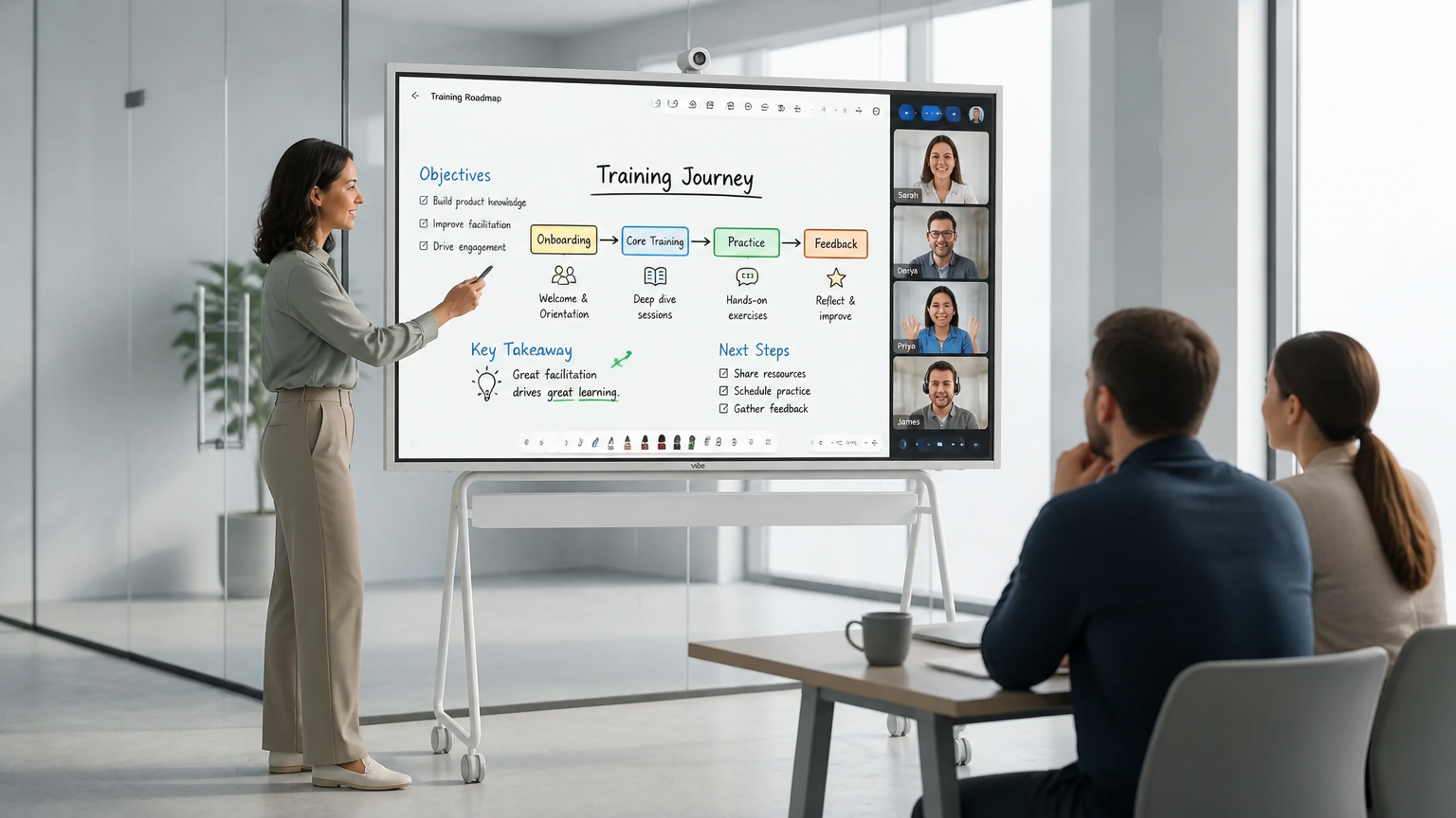 Close-up of a Vibe Board S1 in use — participants writing directly on the canvas in a conference room while a remote participant's annotations appear simultaneously