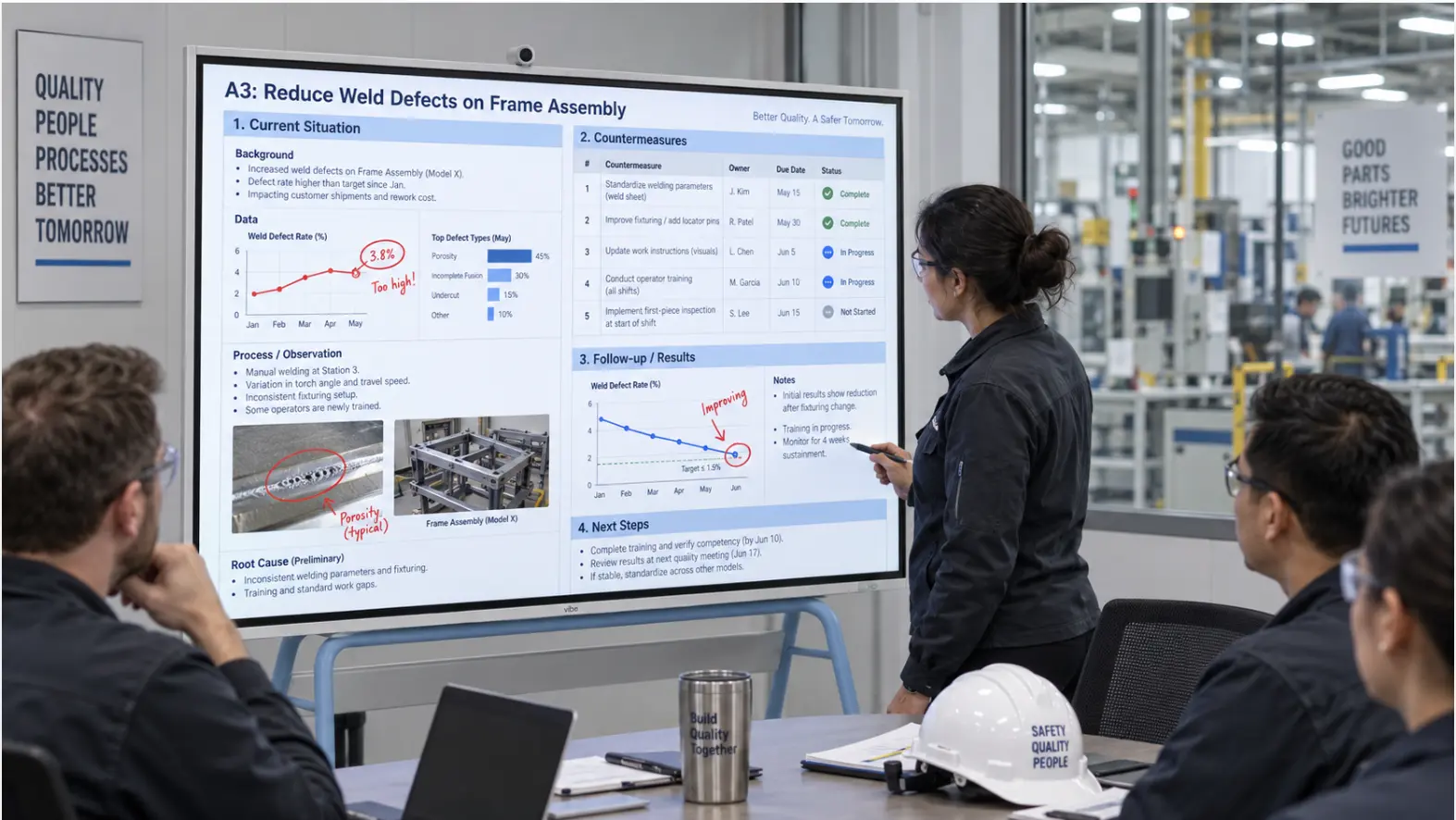 A Vibe Board in a manufacturing quality review room showing an A3 document at full scale