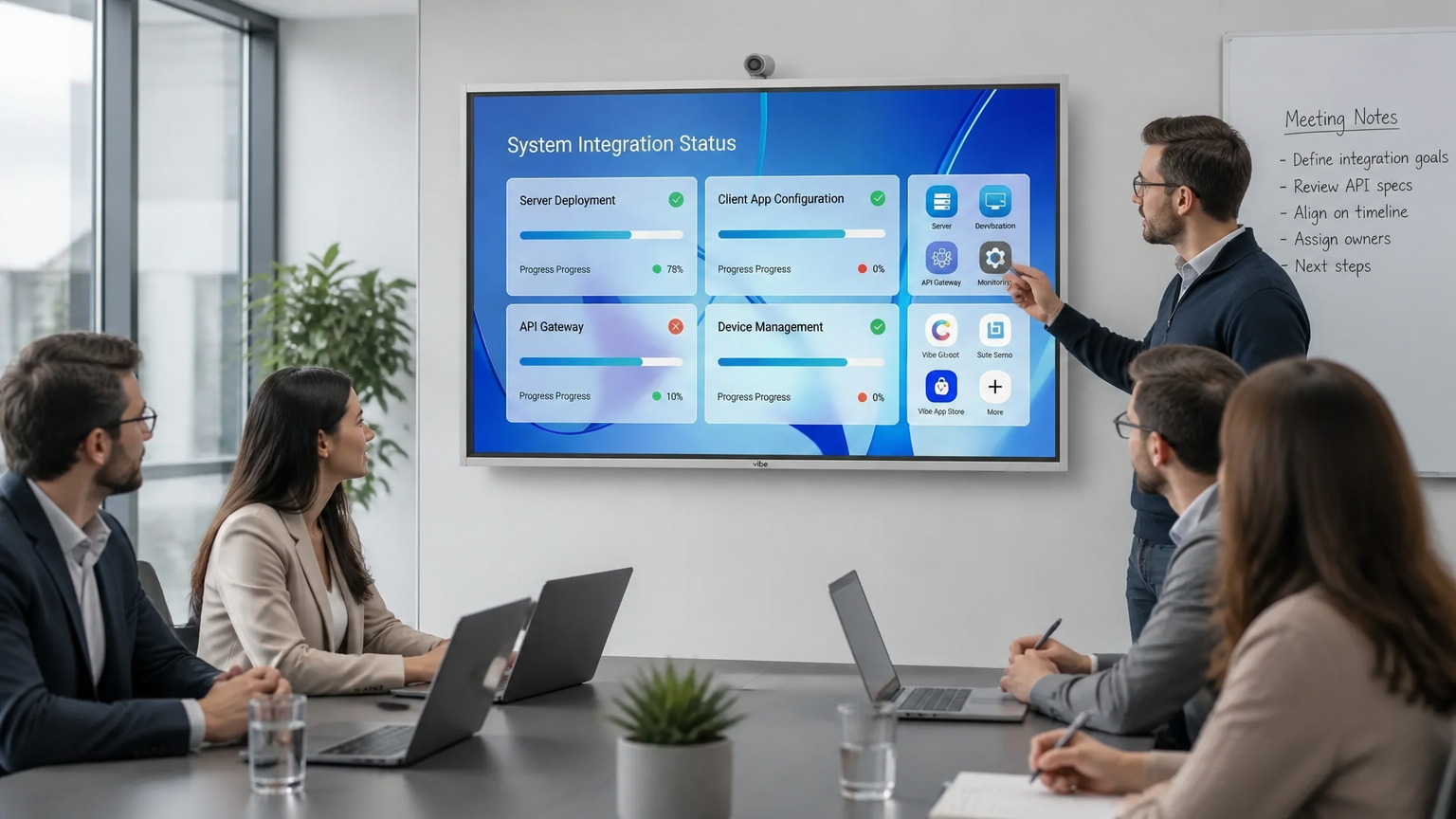 Vibe Board S1 smart whiteboard mounted in a modern conference room, displaying structured meeting notes on its large touchscreen. Clean professional environment with team members collaborating around a table.