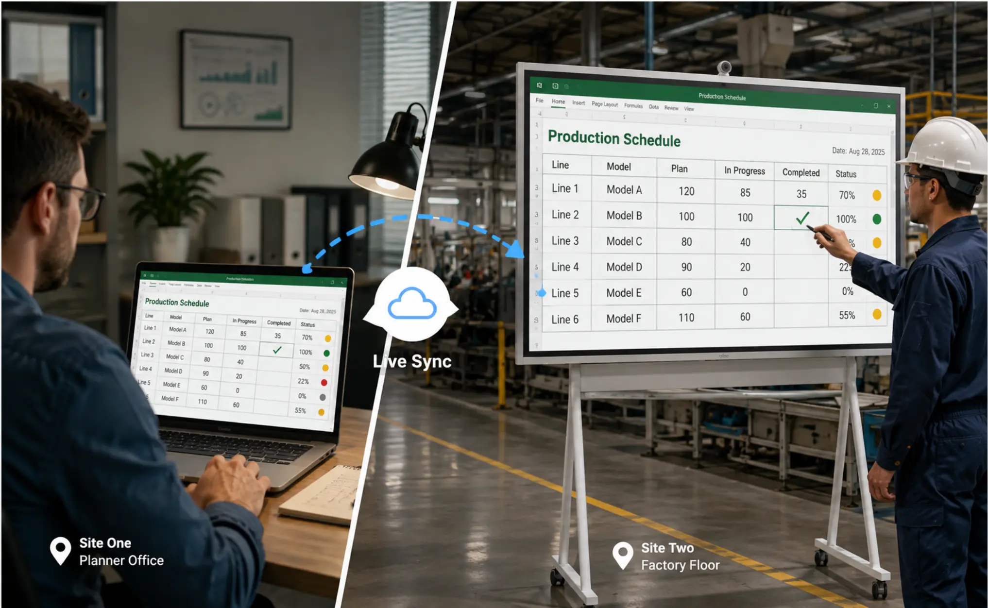 Vibe Board at site two showing the same Excel production schedule as the planner's screen at site one — a completion checkmark being added by an operator at site two, appearing instantly on the planner's laptop at site one