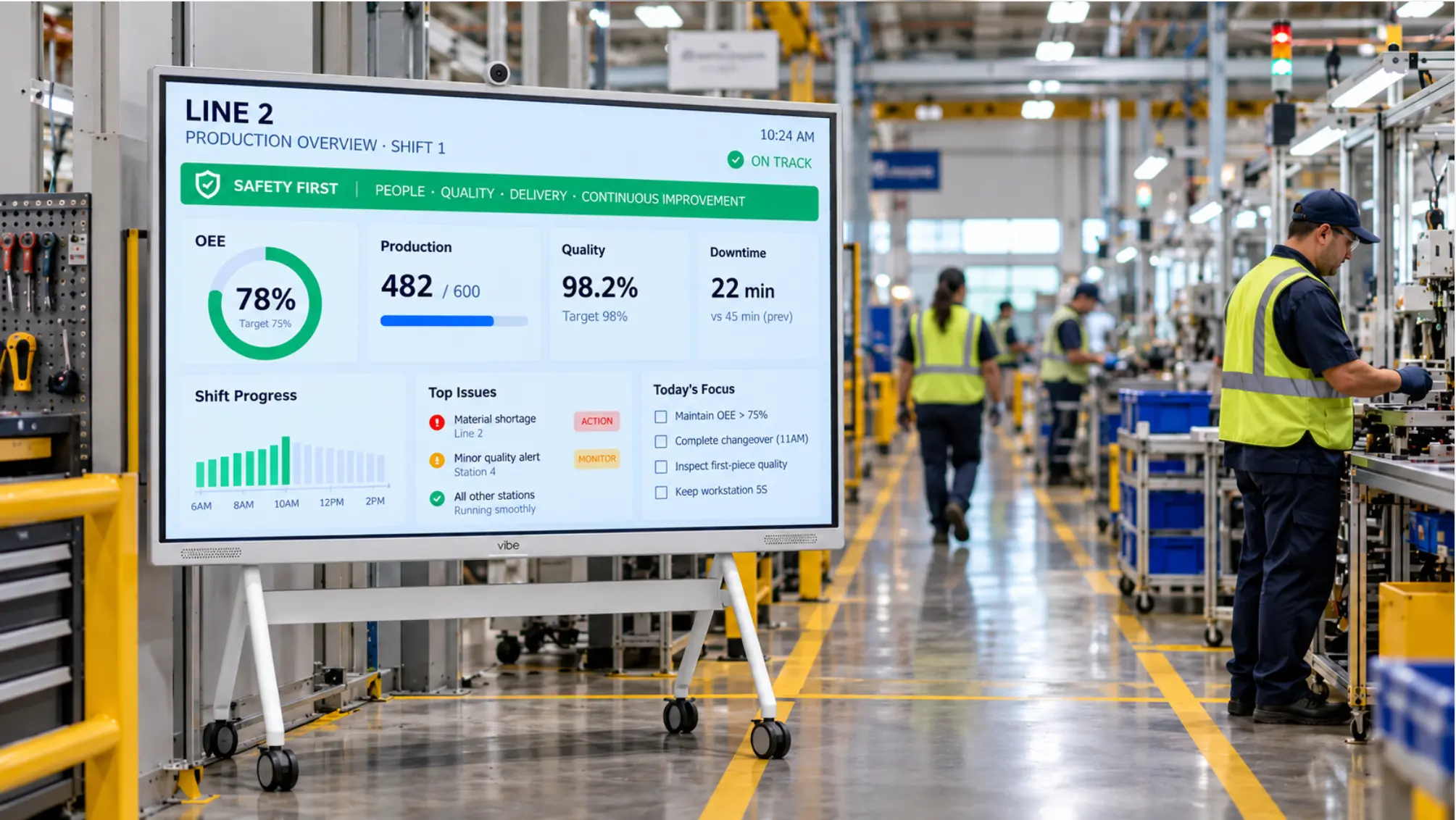 Wide-angle view of a manufacturing production aisle with a large-format screen mounted at the line entrance showing OEE metrics, shift status, and safety header — operators visible in the background