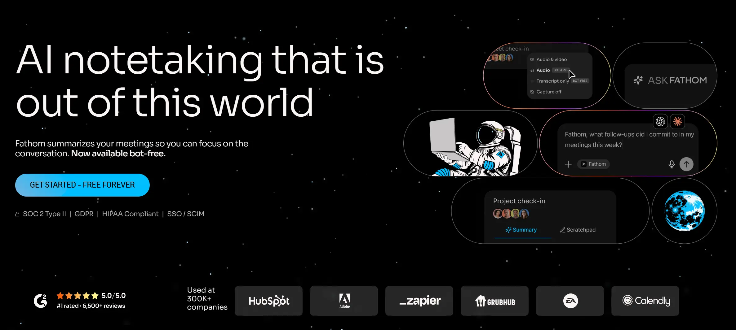Fathom AI meeting assistant homepage with free-forever plan and ask-Fathom feature
