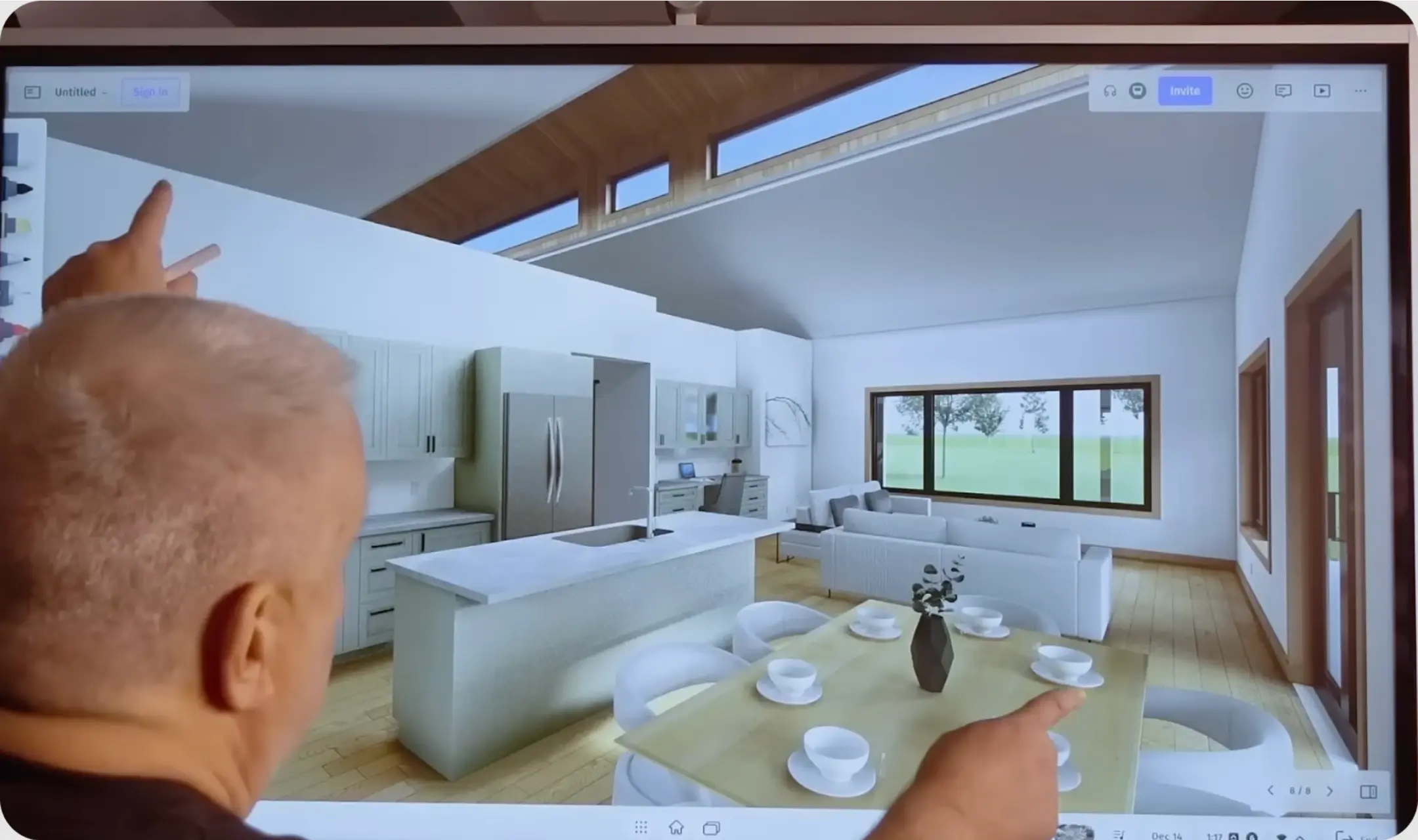 Architect reviewing a 3D interior rendering on Vibe Canvas during a client presentation