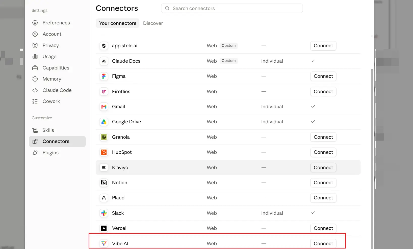 Vibe AI connector on Claude