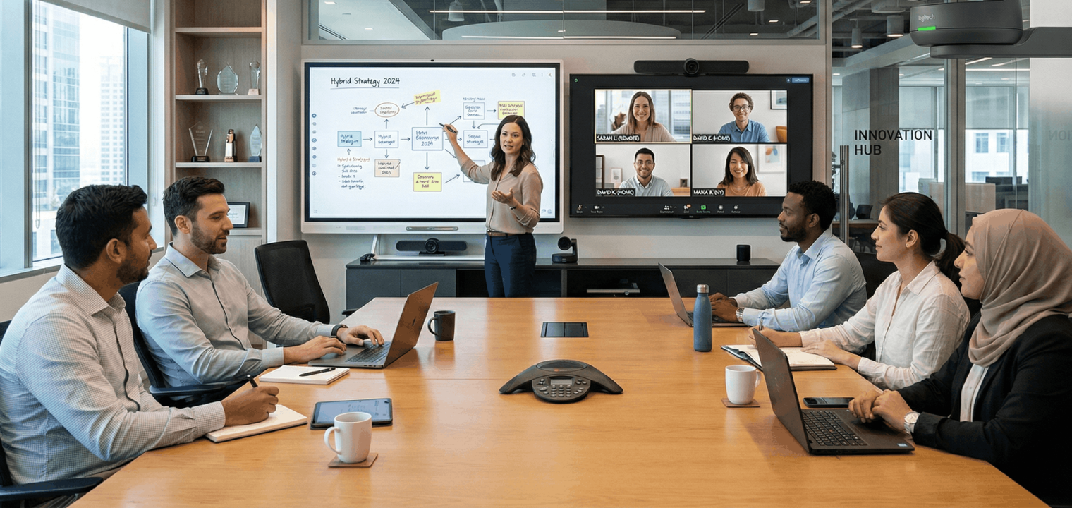 Vibe Board S1 Pro in a large meeting room with Vibe Canvas open, showing remote team members collaborating from different devices on the same infinite canvas