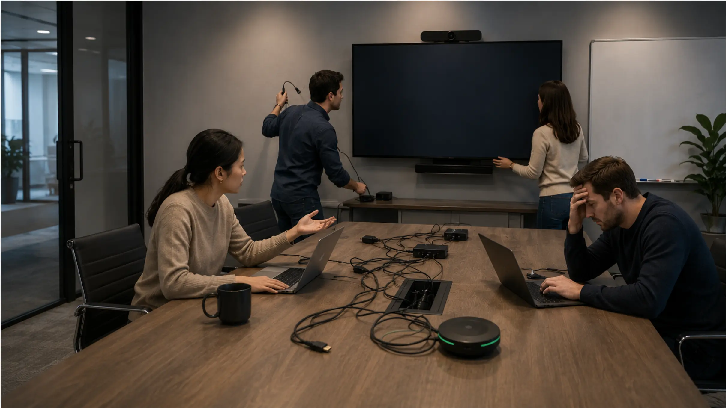 Team struggling with AV setup issues in conference room before meeting starts