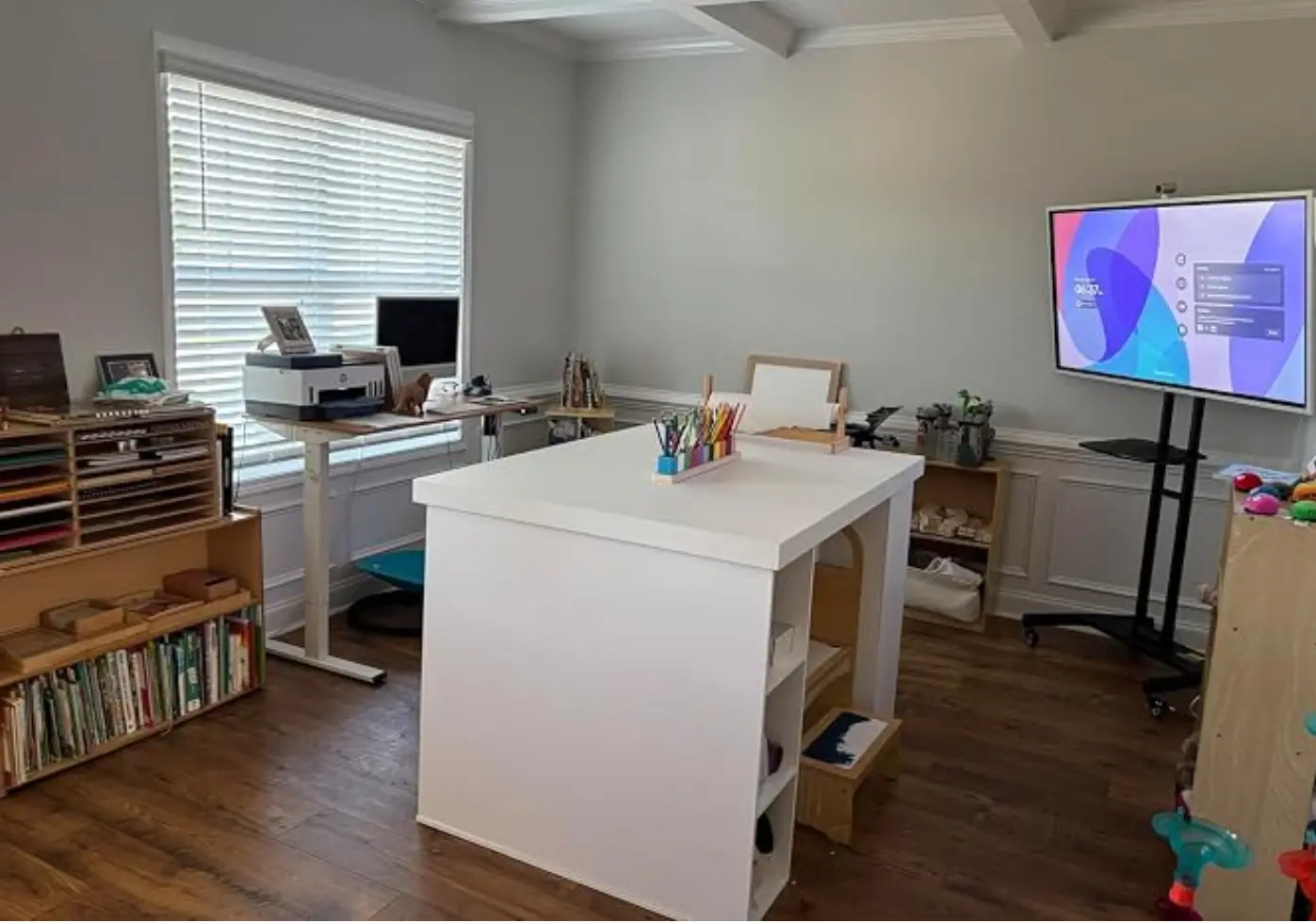 Vibe Board interactive display on mobile stand in a homeschool room, supporting flexible at-home learning setups