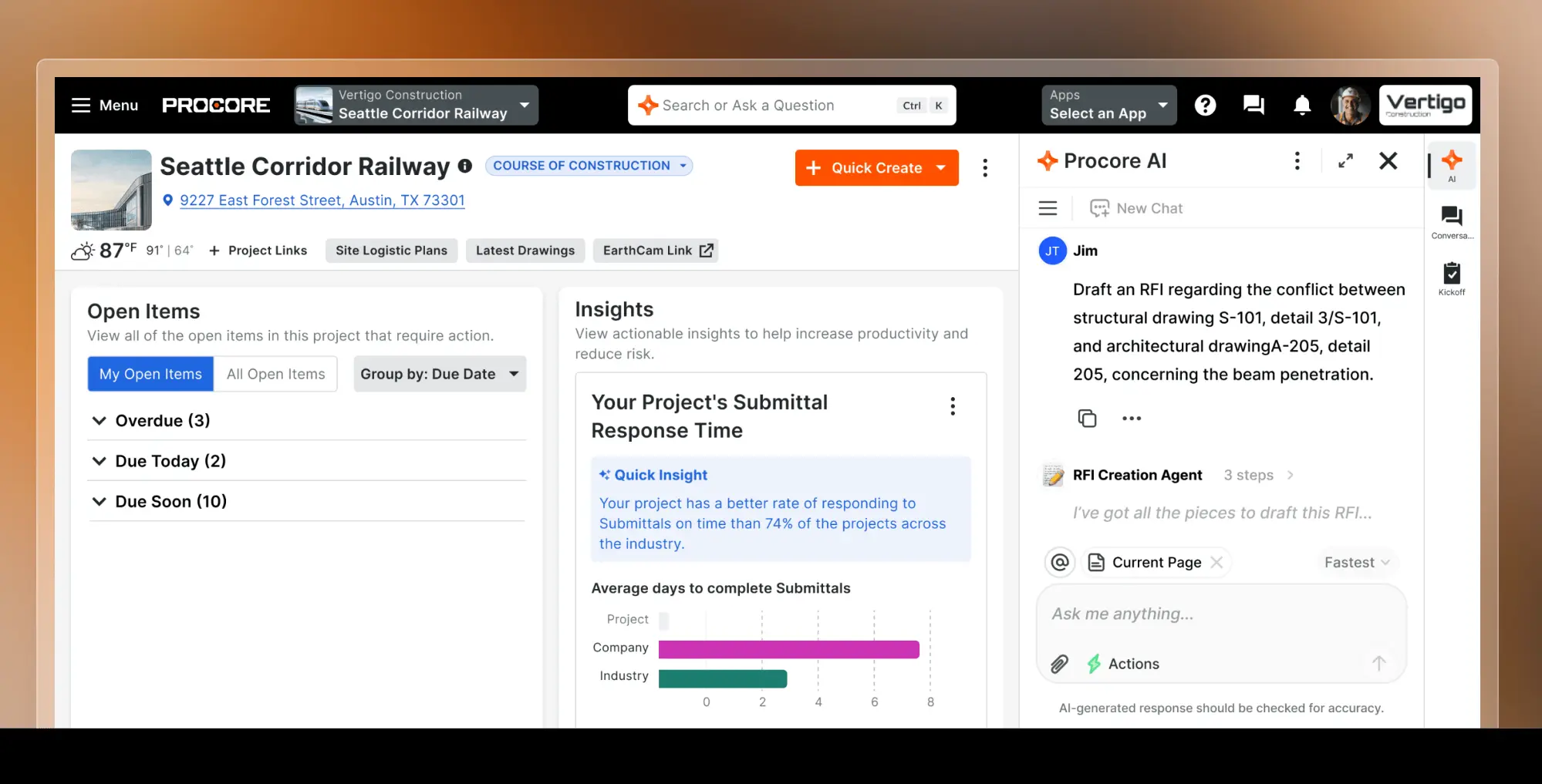 Procore dashboard with AI assistant drafting an RFI