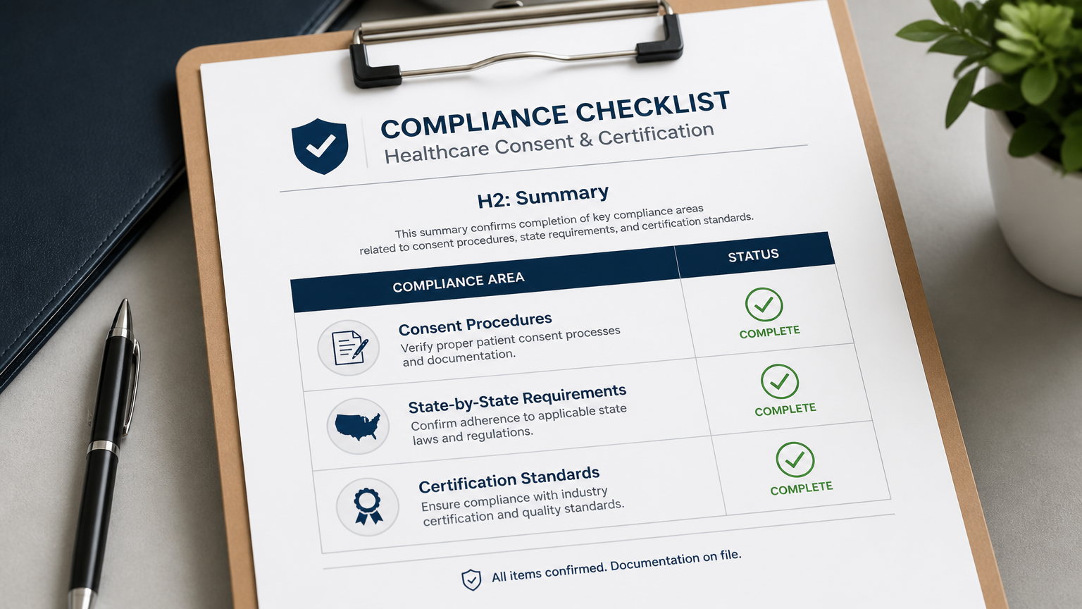 A professional compliance checklist document clipped to a clipboard, showing checked items for consent procedures, state-by-state requirements, and certification standards.