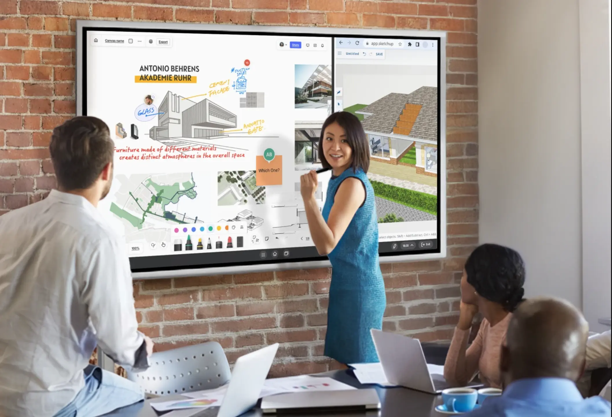 An AEC team gathered around Vibe Board S1 Pro reviewing construction drawings