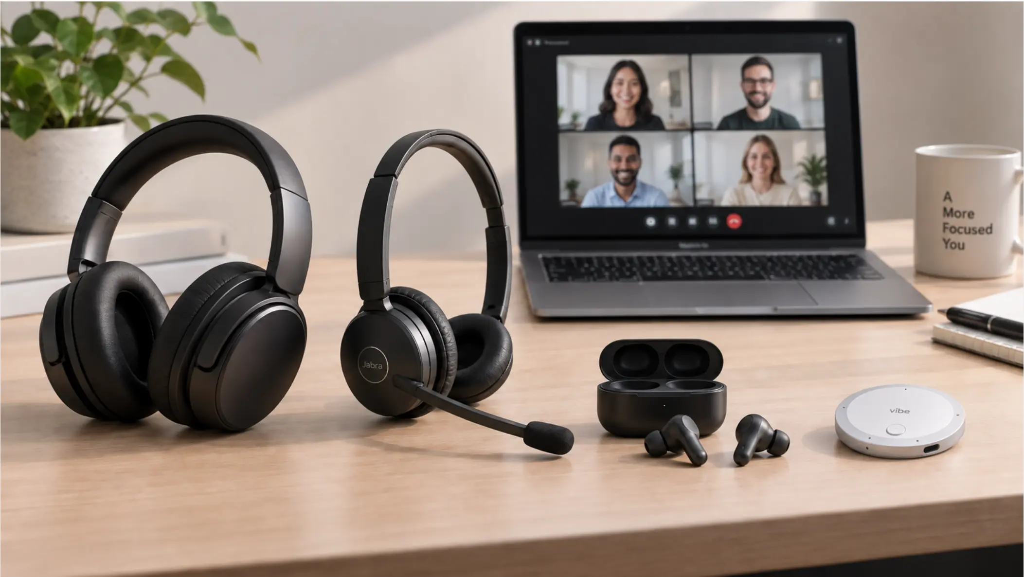 Four headphone styles—over-ear headset, professional UC headset with boom mic, wireless earbuds, and AI wearables placed on a desk