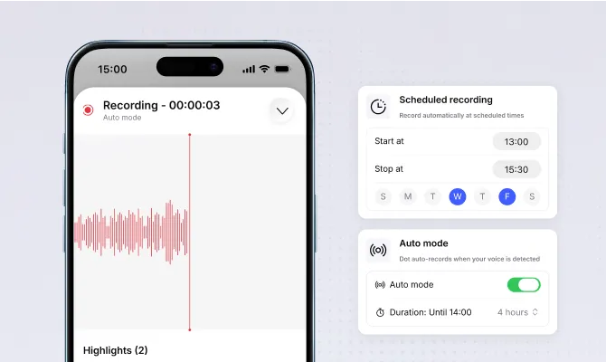Vibe Dote AI voice recording device on conference table with auto-capture scheduling for meetings