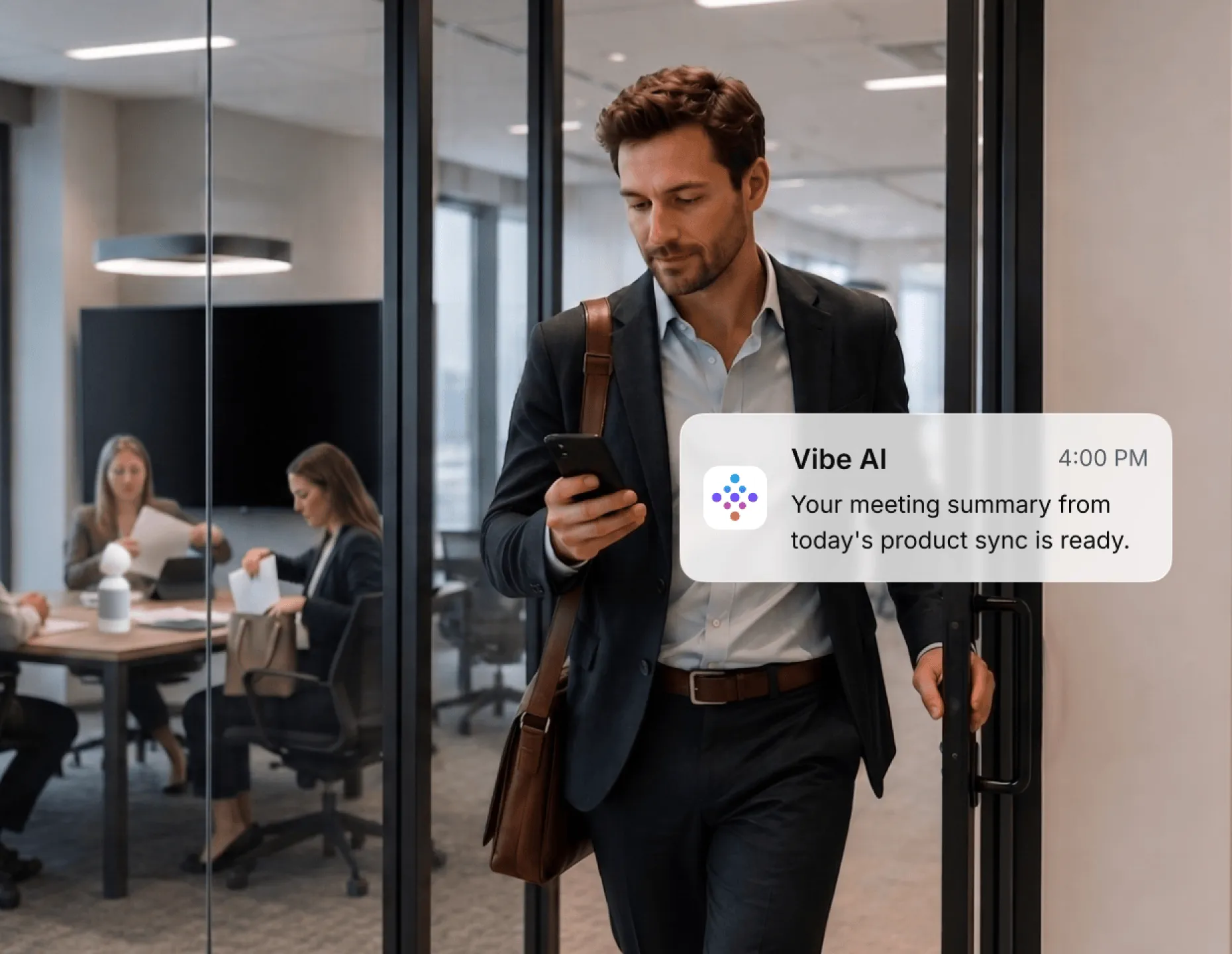Businessman checking Vibe AI phone notification for meeting summary while leaving office conference room after product sync