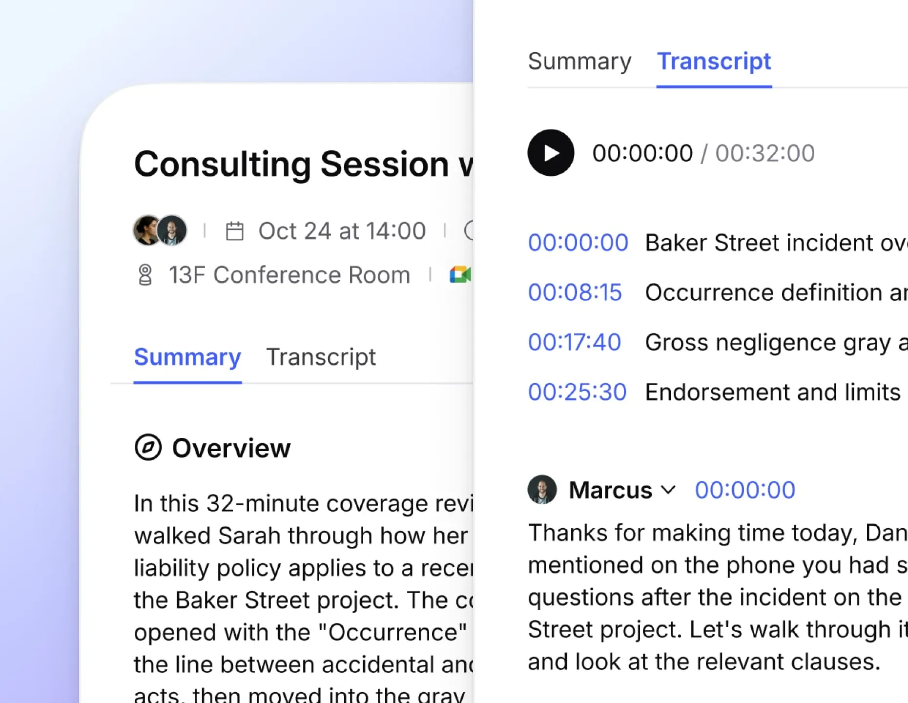 Vibe AI summary and transcript interface for meeting recording