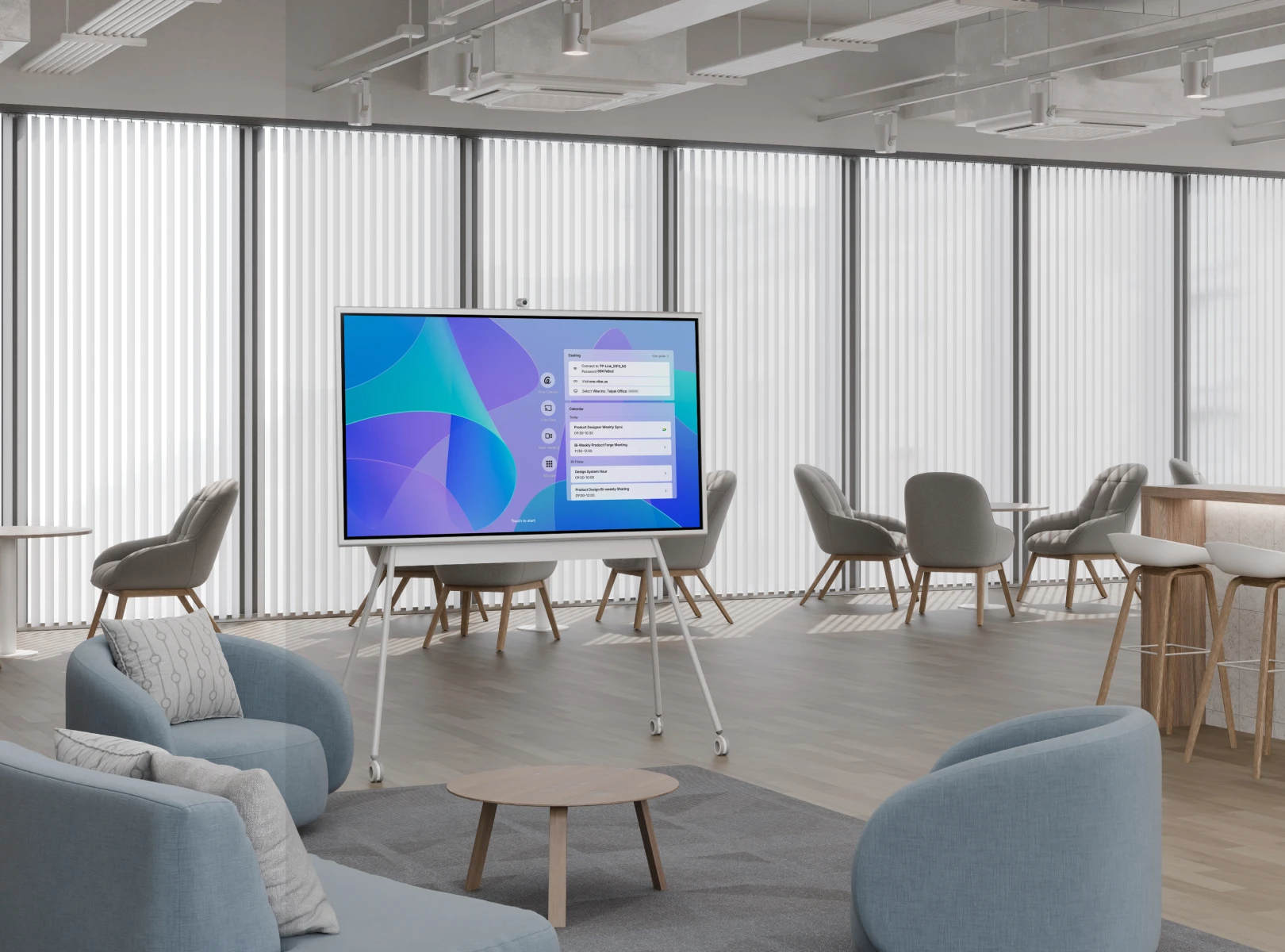 The Vibe Board S1 all-in-one smart whiteboard set up in an open space