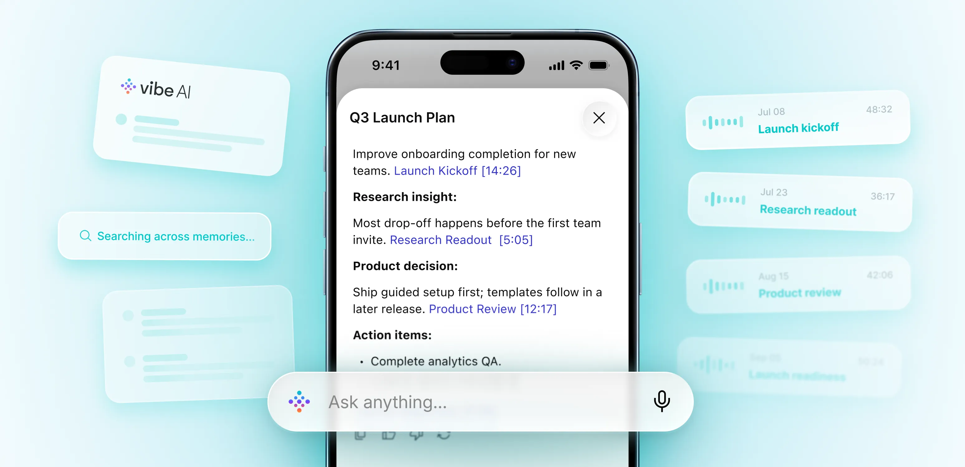 Vibe app meeting transcript with summaries, decisions, and action items tabs