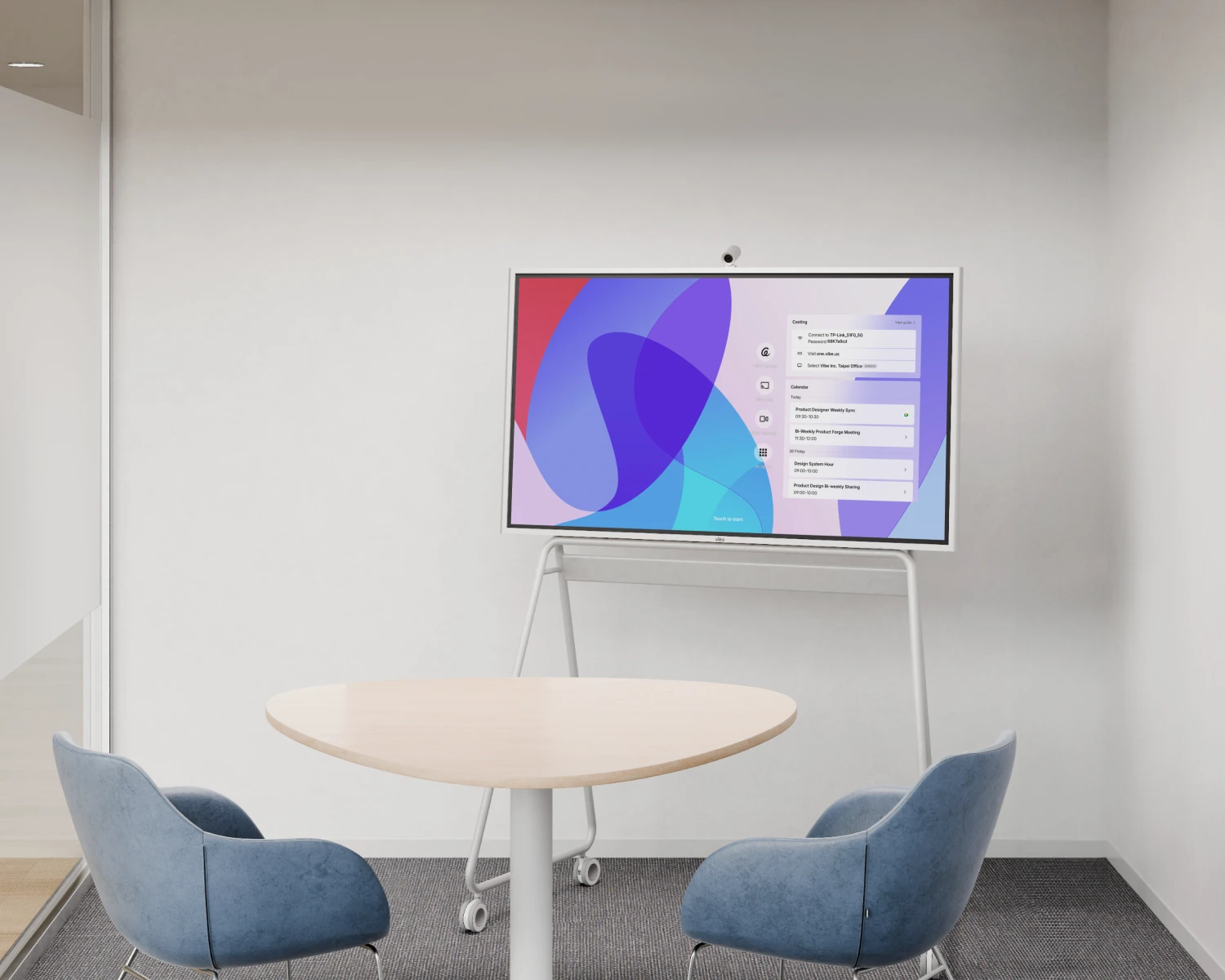 The Vibe Board S1 all-in-one smart whiteboard set up in a huddle room