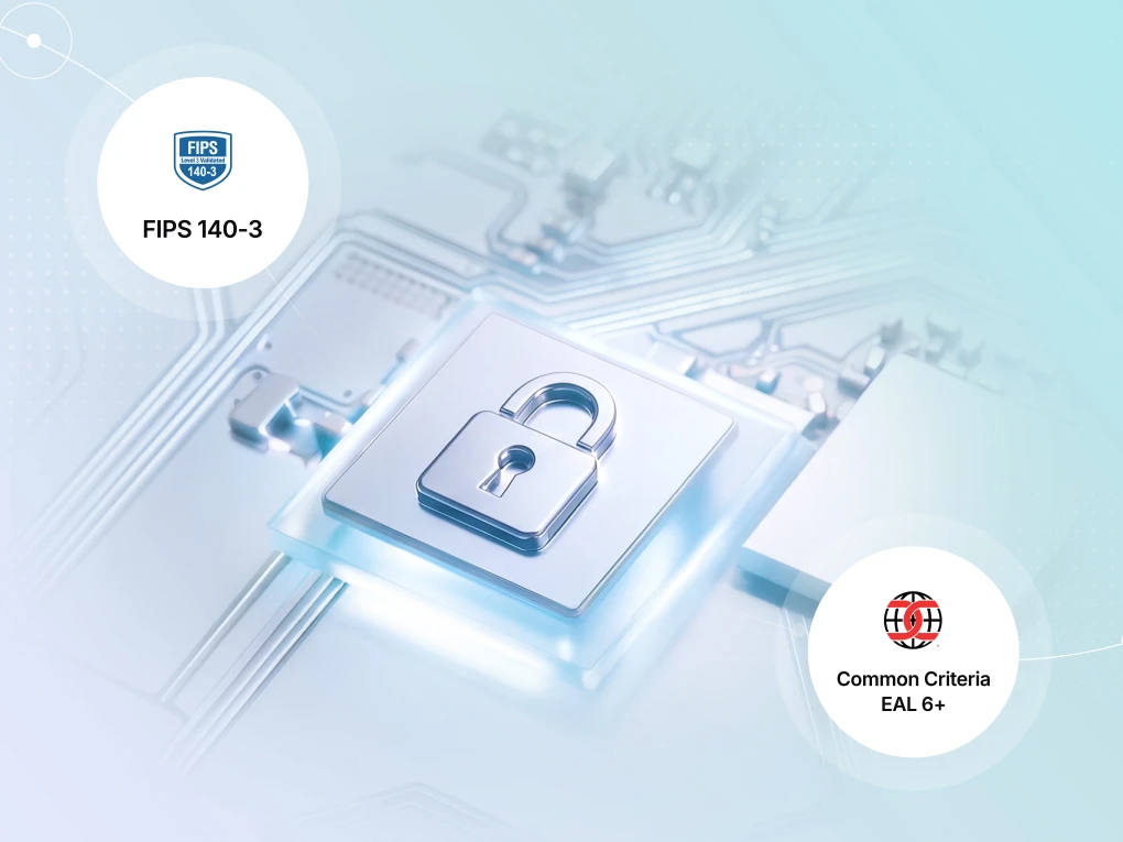 Vibe Dot encryption chip with lock icon, FIPS 140-3 and Common Criteria EAL 6+ certified