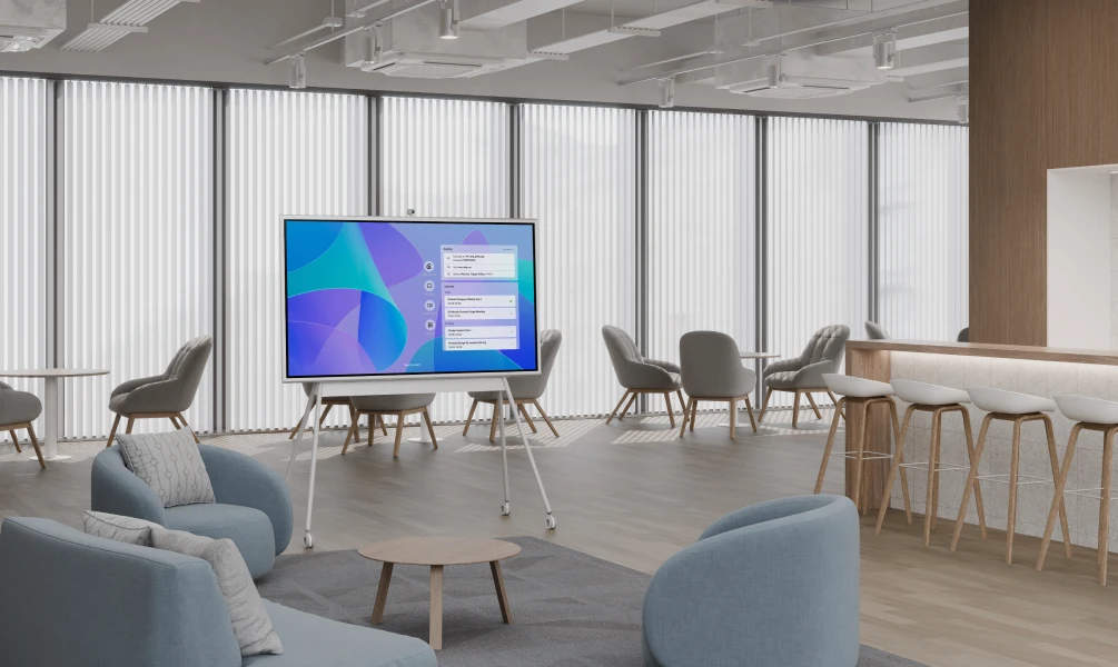 The Vibe Board S1 all-in-one smart whiteboard set up in an open workspace