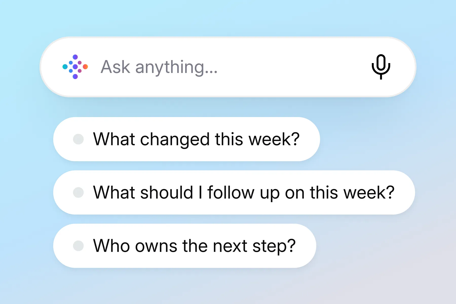 Vibe AI Ask anything search bar with voice input and suggested prompts about weekly changes, follow-ups and owners