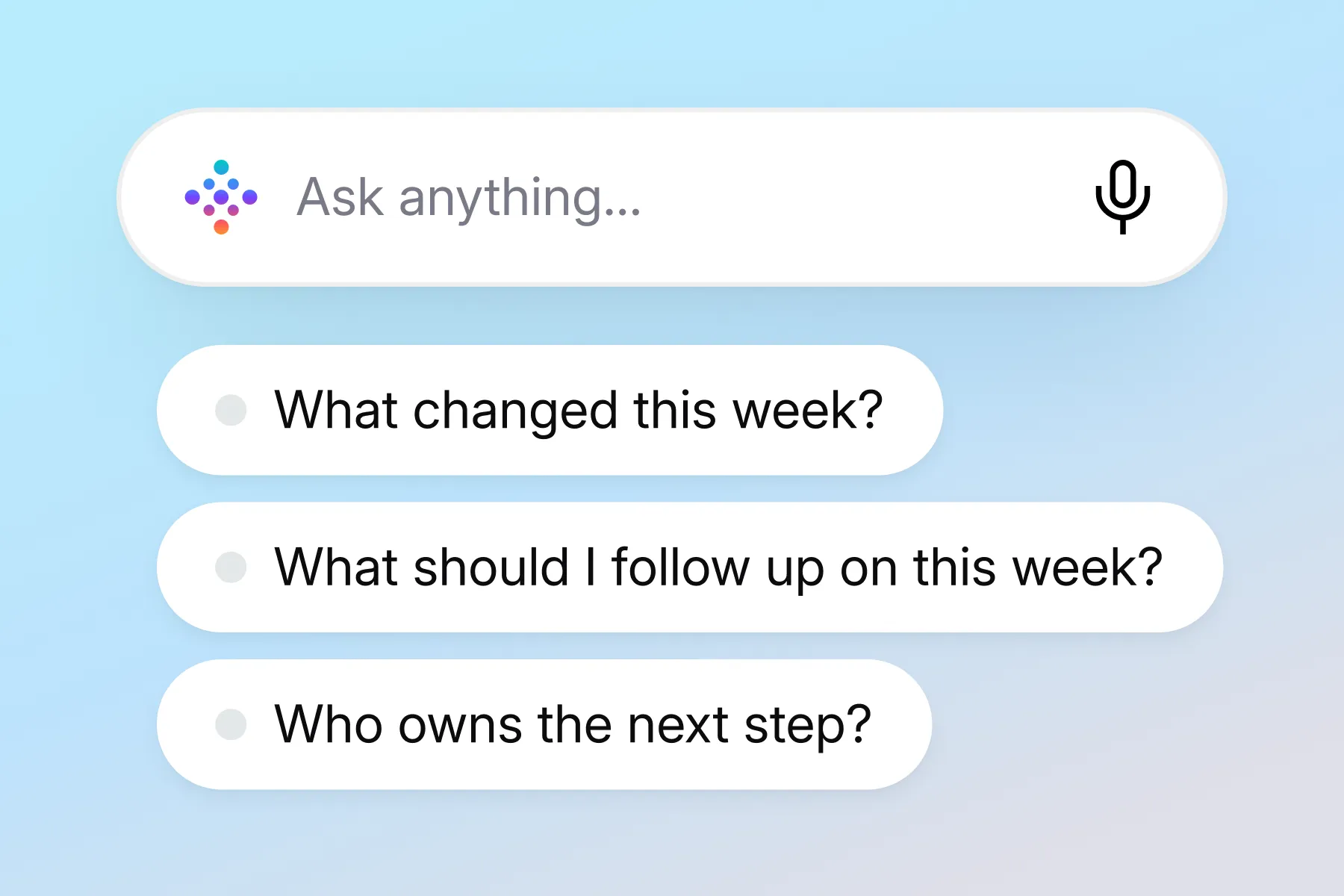 Vibe AI Ask anything search bar with voice input and suggested prompts about weekly changes, follow-ups and owners
