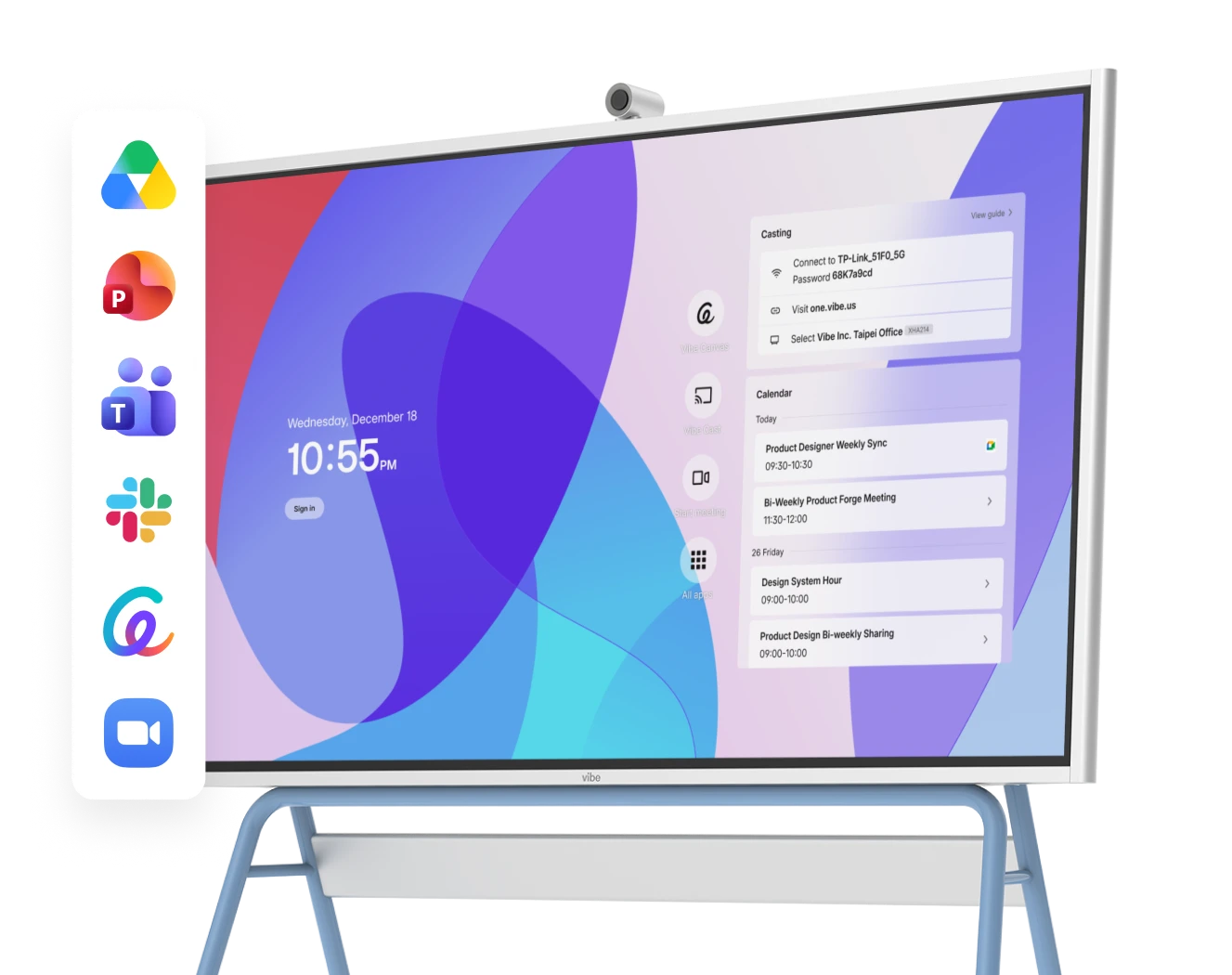 Vibe Board home screen showing calendar, casting panel, and app integrations including Google Drive, Teams, Slack and Zoom