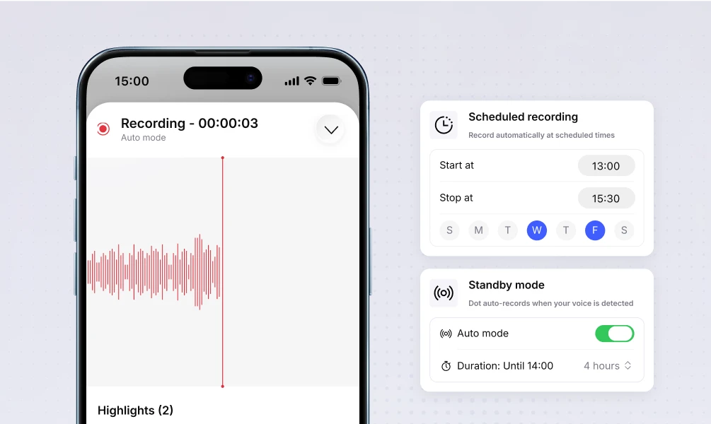 Vibe Dote AI voice recording device on conference table with auto-capture scheduling for meetings