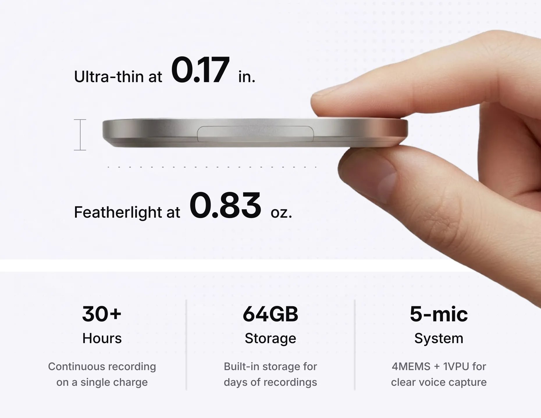 Vibe Dot AI note taker specs: 0.83oz, 0.17in thin, 30+ hour battery, 64GB storage, 5-mic system