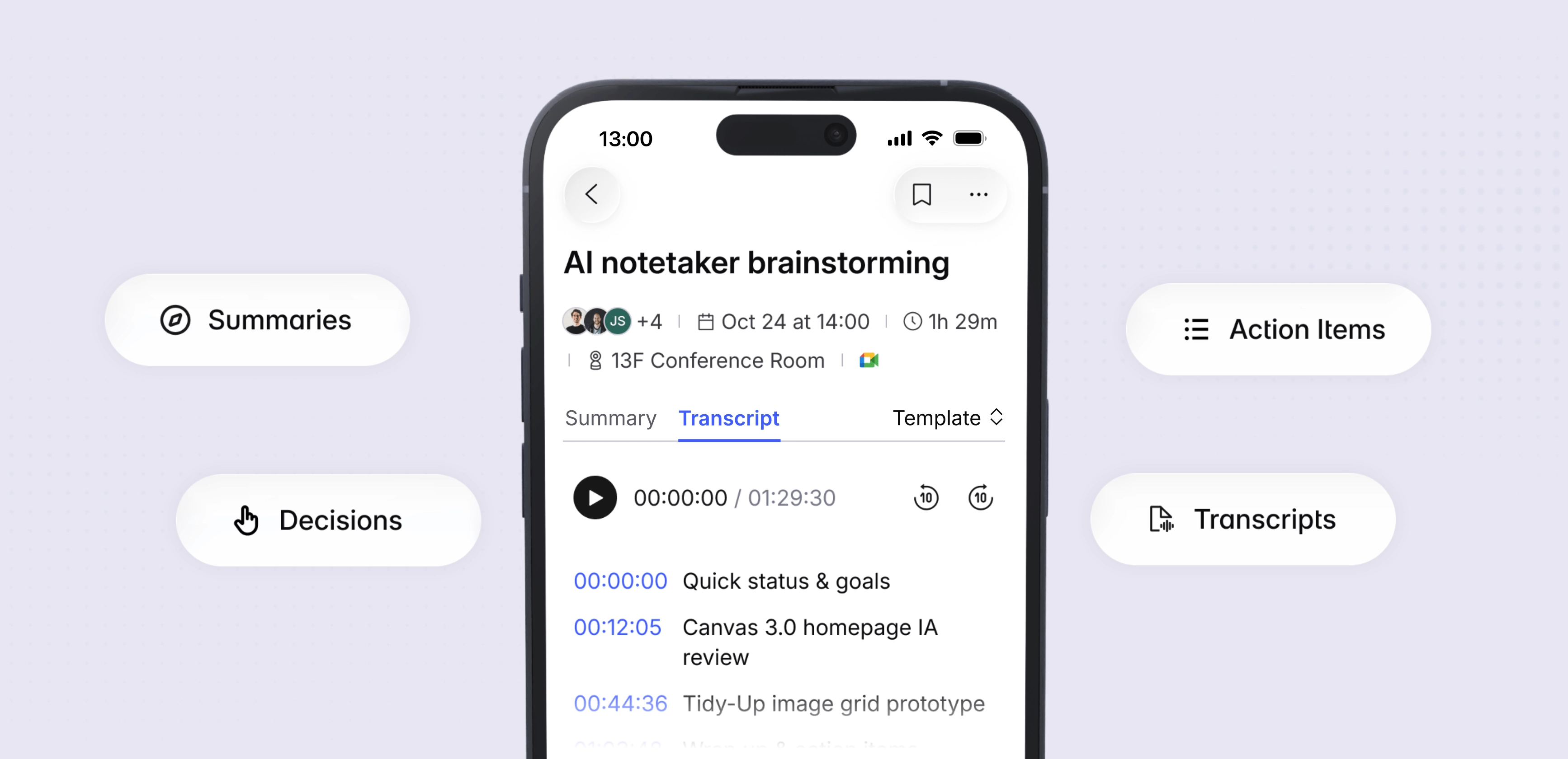 Vibe app meeting transcript with summaries, decisions, and action items tabs