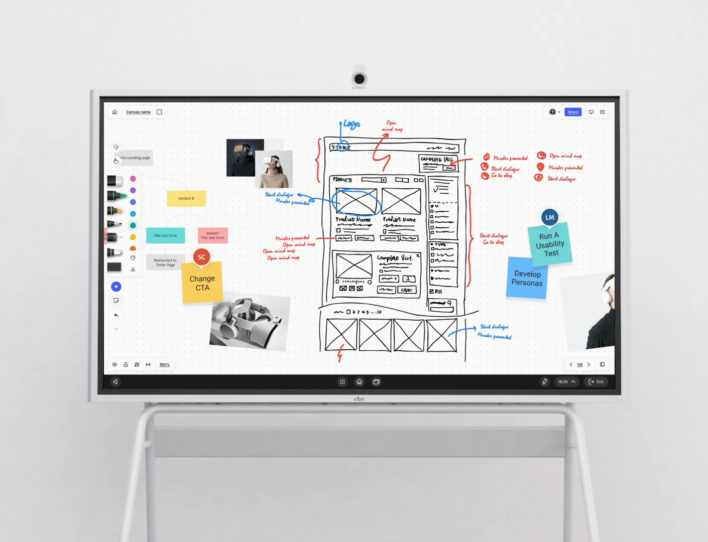 Vibe Board on a rolling stand showing a Vibe Canvas whiteboard with wireframe sketches, sticky notes and annotations