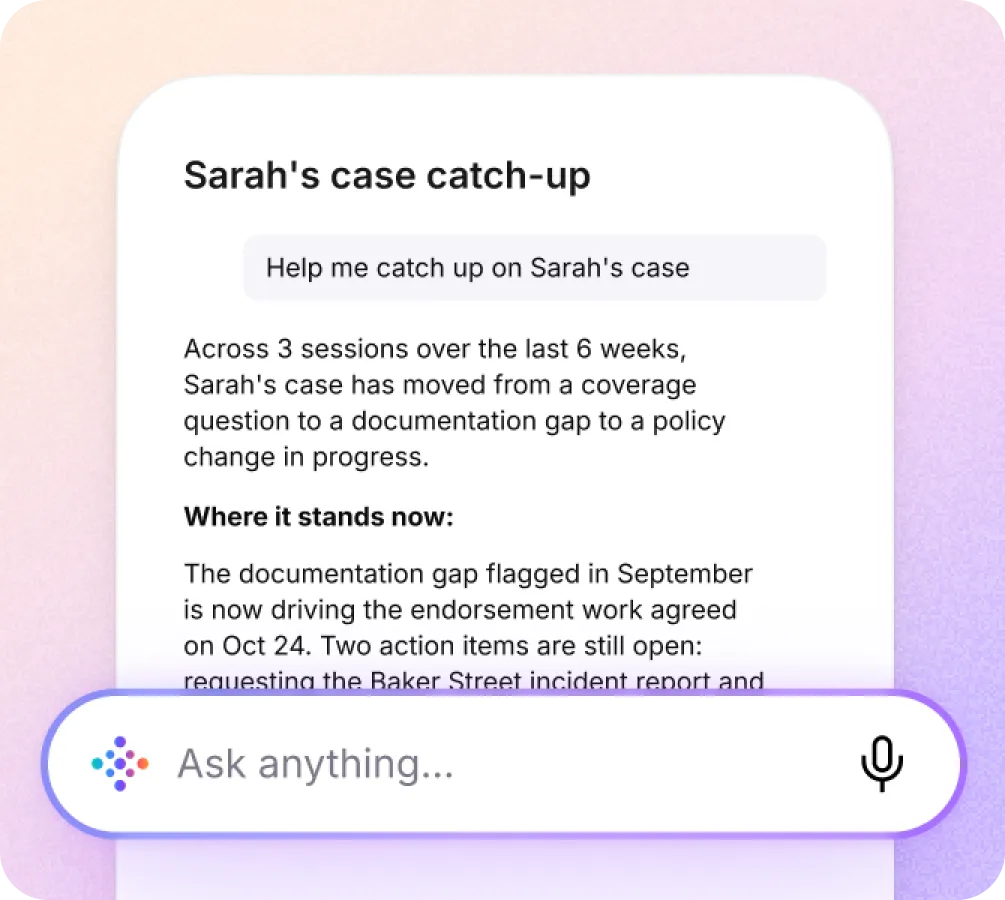 Vibe AI chat interface answering a query to catch up on a client case across multiple past meeting sessions
