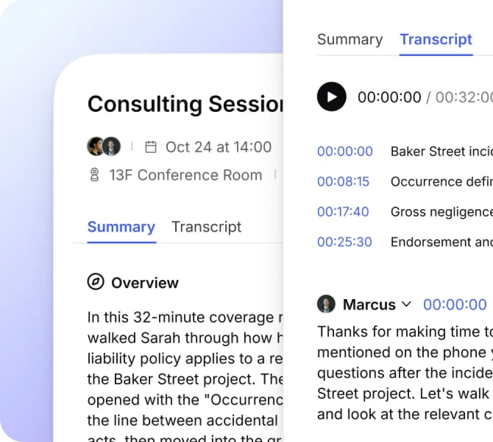 Vibe AI summary and transcript interface for meeting recording