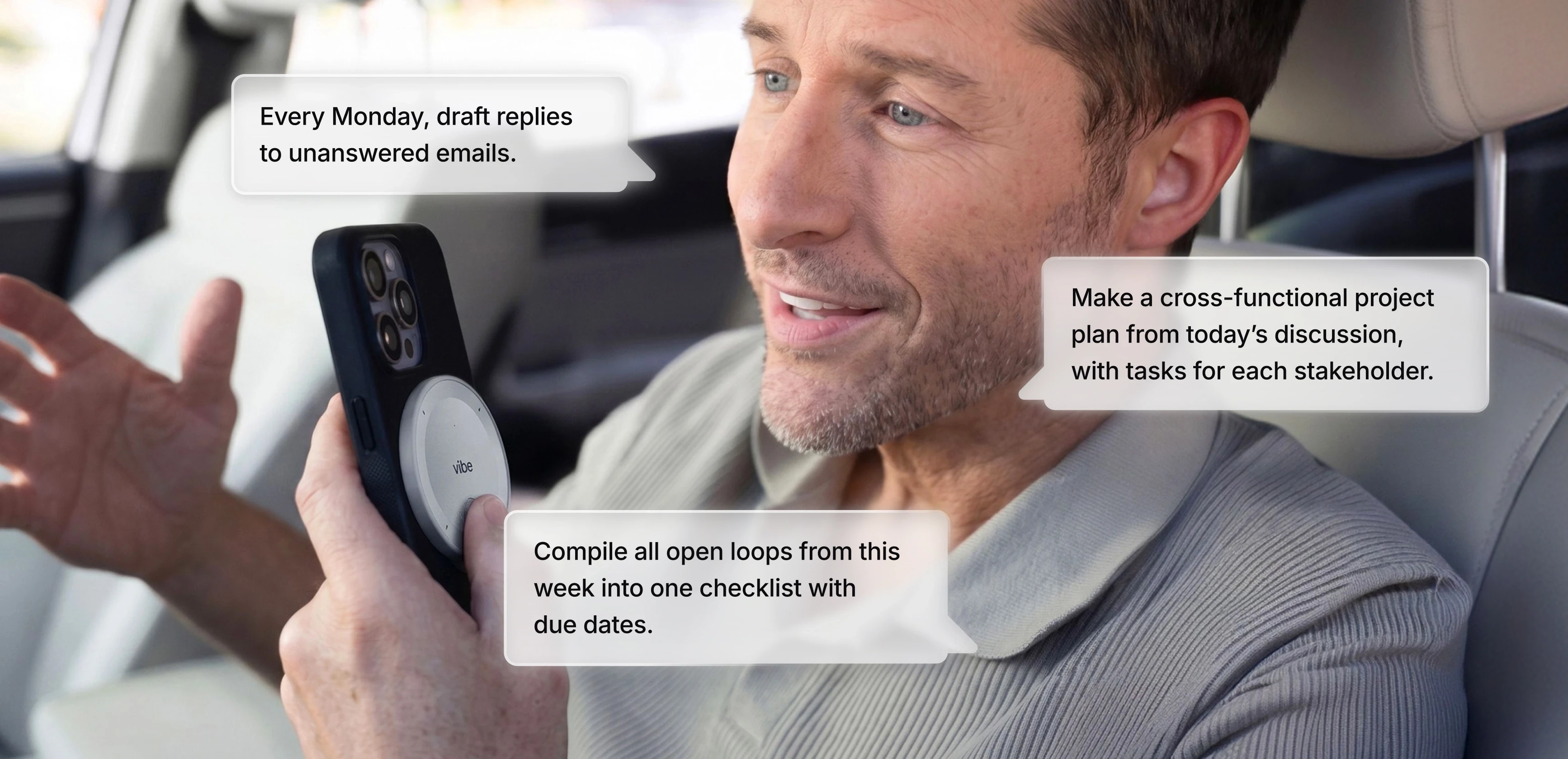 Man giving Vibe Dot voice commands for email drafts and task checklists