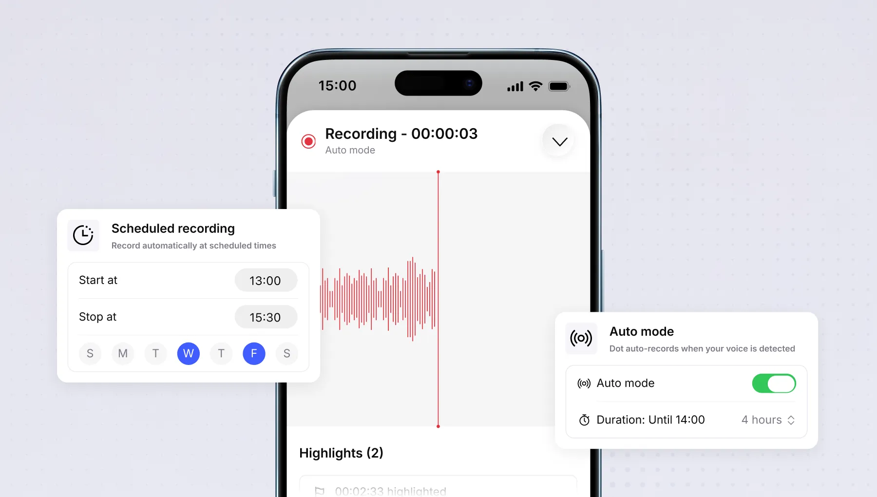 Vibe Dote AI voice recording device on conference table with auto-capture scheduling for meetings
