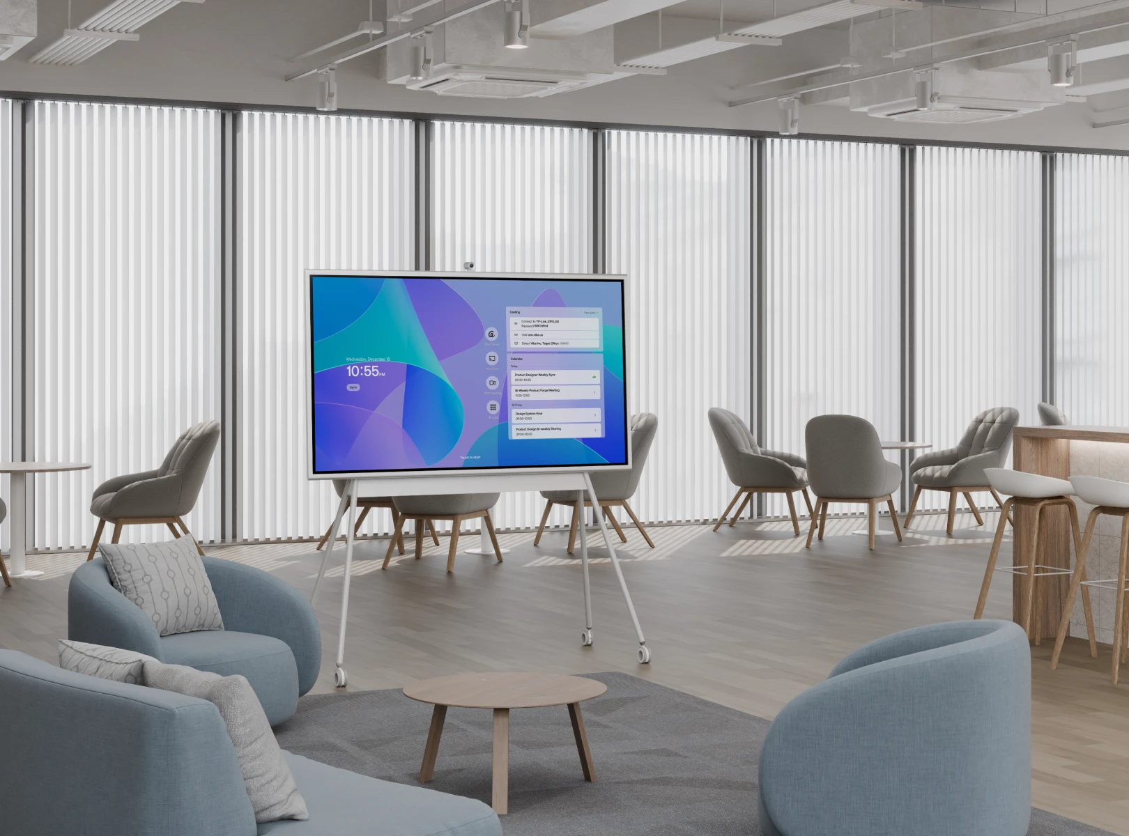 The Vibe Board S1 all-in-one smart whiteboard set up in an open space