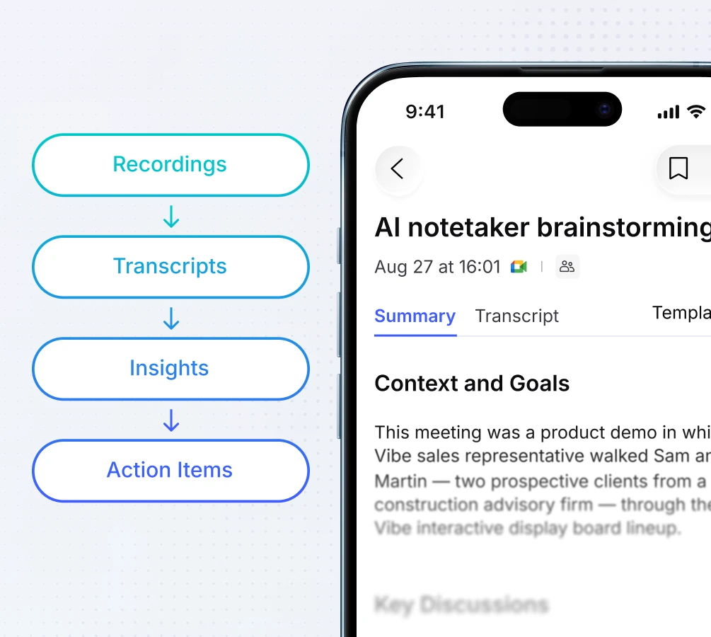 Vibe Dot AI note taker: recordings to transcripts to insights to action items