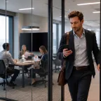 Businessman checking Vibe AI phone notification for meeting summary while leaving office conference room after product sync