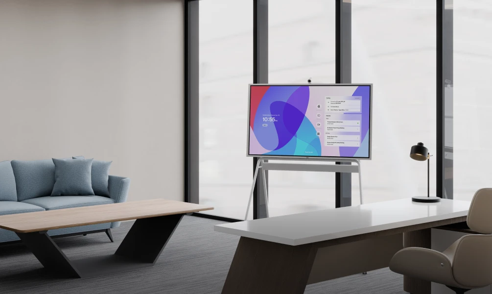 The Vibe Board S1 all-in-one interactive display mounted in a spacious boardroom