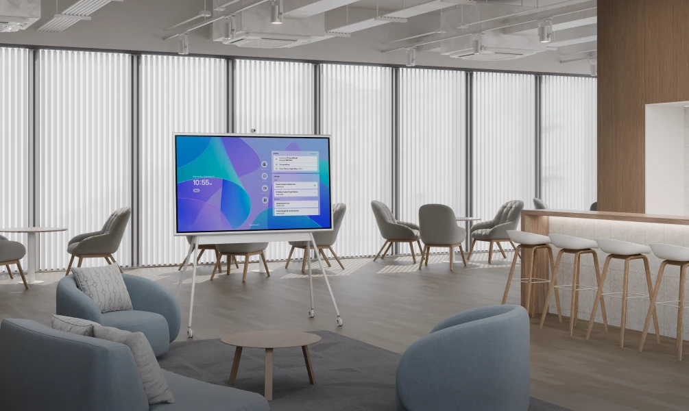 The Vibe Board S1 all-in-one smart whiteboard set up in an open workspace