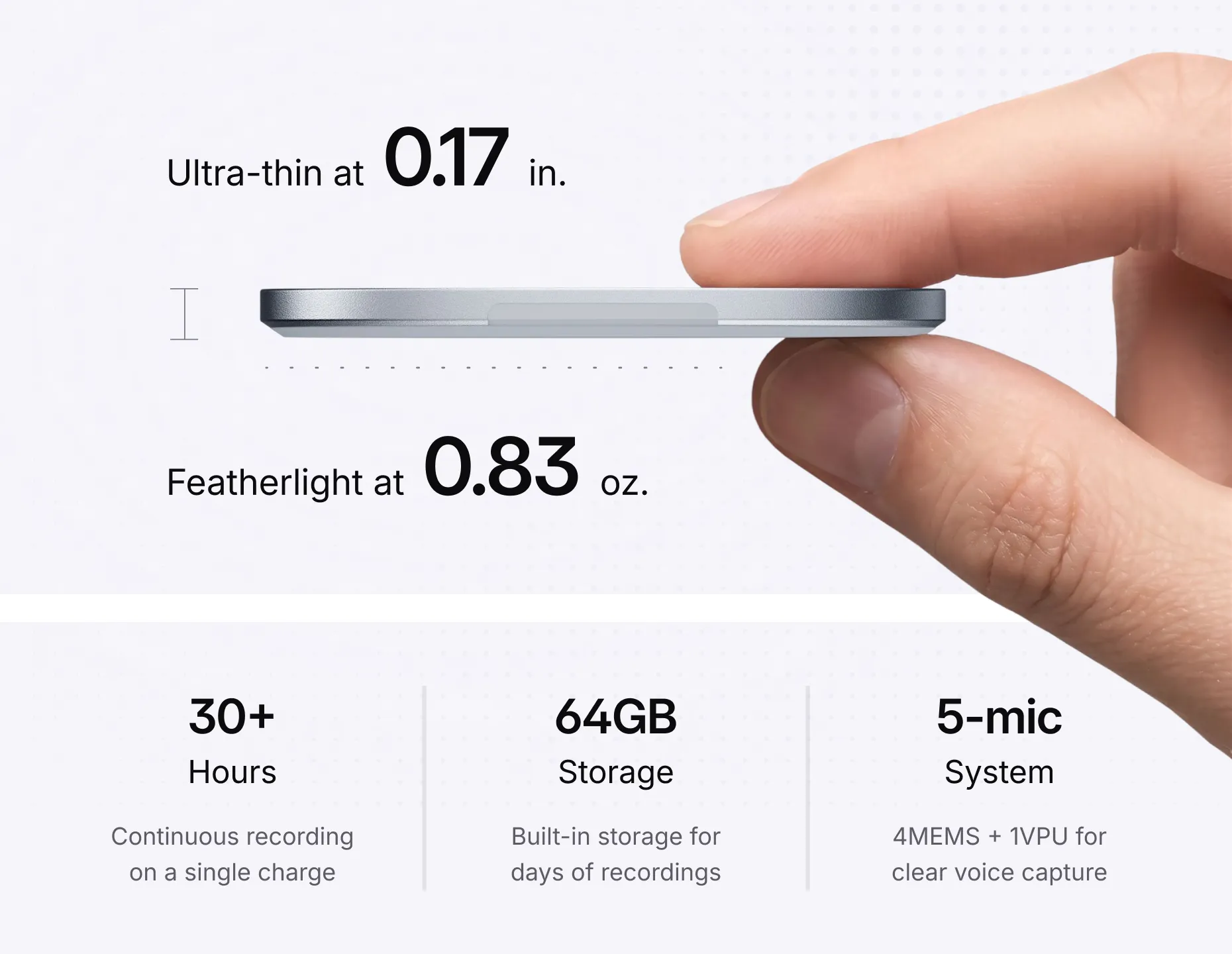 Vibe Dot AI note taker specs: 0.83oz, 0.17in thin, 30+ hour battery, 64GB storage, 5-mic system