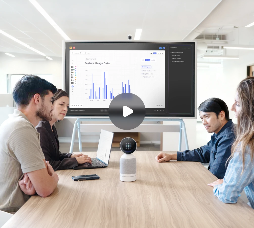 Vibe Bot on conference table connecting in-room team to remote video call participants with AI-powered live notes on screen