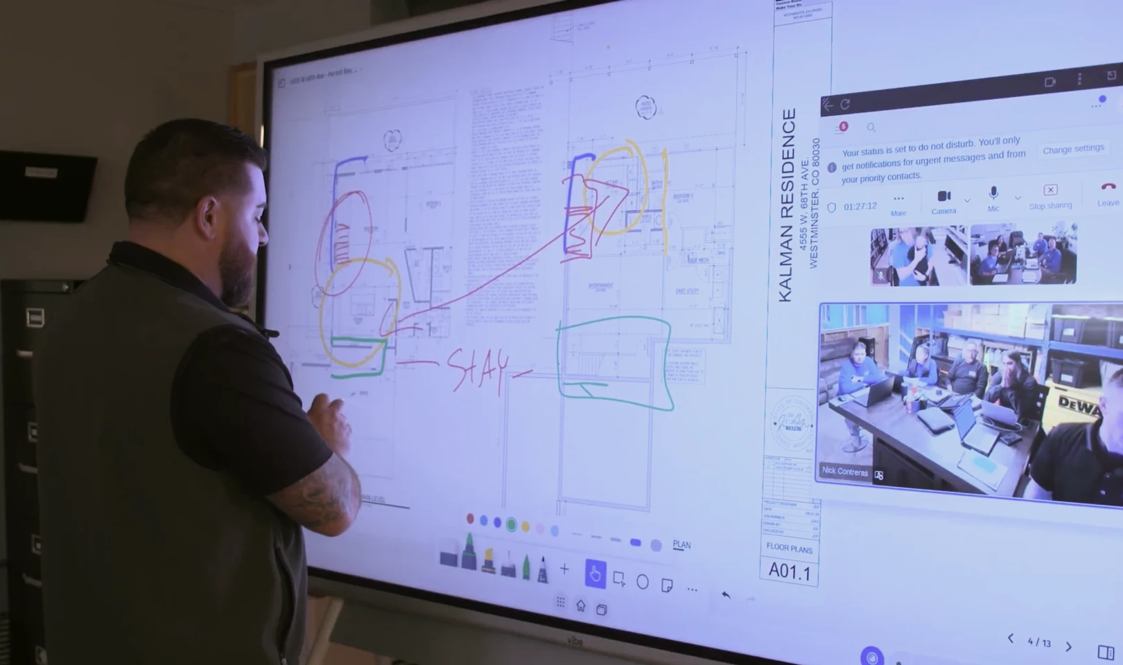 K&D Development using Vibe Board's split-screen feature to mark up construction blueprints while collaborating with remote team members