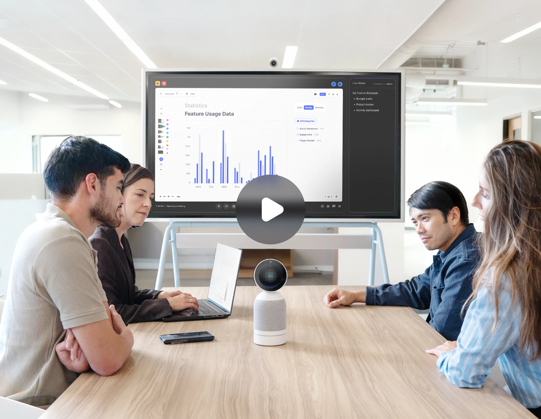 Vibe Bot on conference table connecting in-room team to remote video call participants with AI-powered live notes on screen