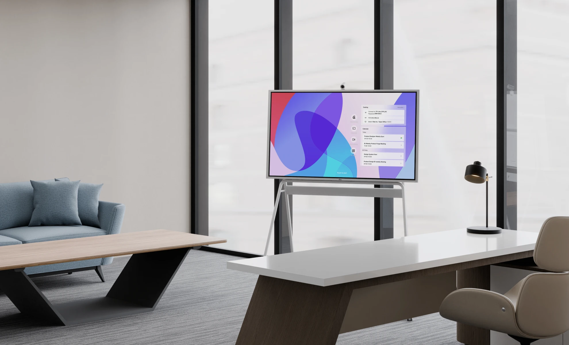 The Vibe Board S1 all-in-one smart whiteboard set up in CXO's office
